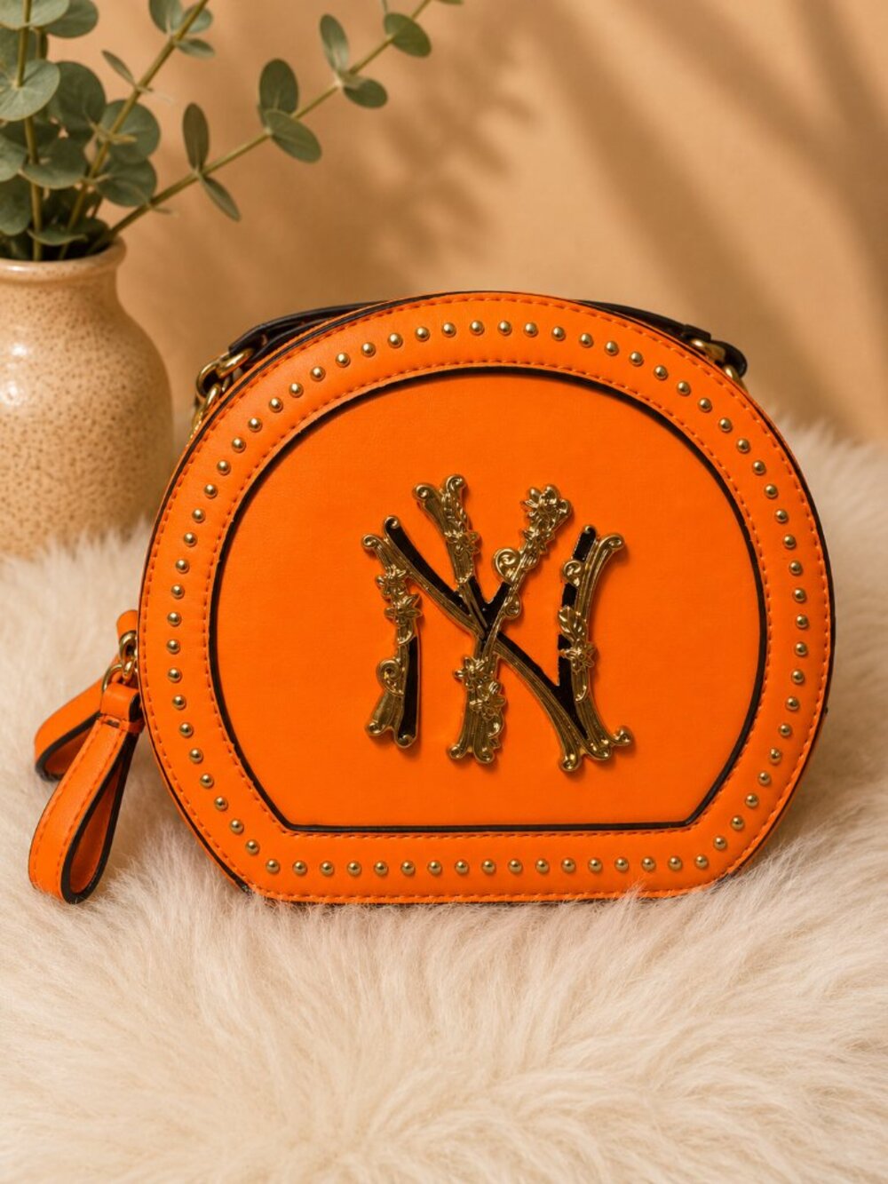 NY Yankees Inspired Orange Round Crossbody Bag Studded Purse Gold Hardware